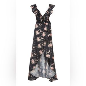 LoveShackFancy Silk Floral Black Dress with Wrap Detail